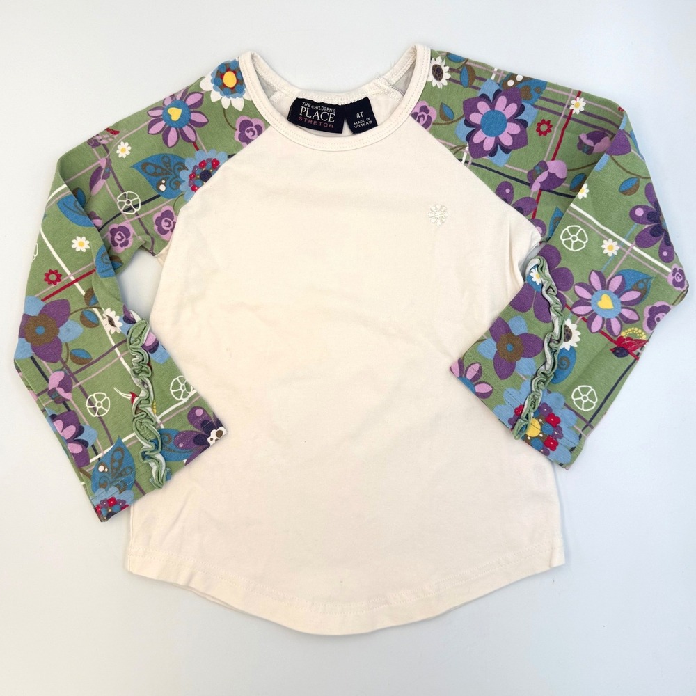 Children's Place 4T Cream Green Top Floral Ruffle Sleeves Long Sleeve Shirt